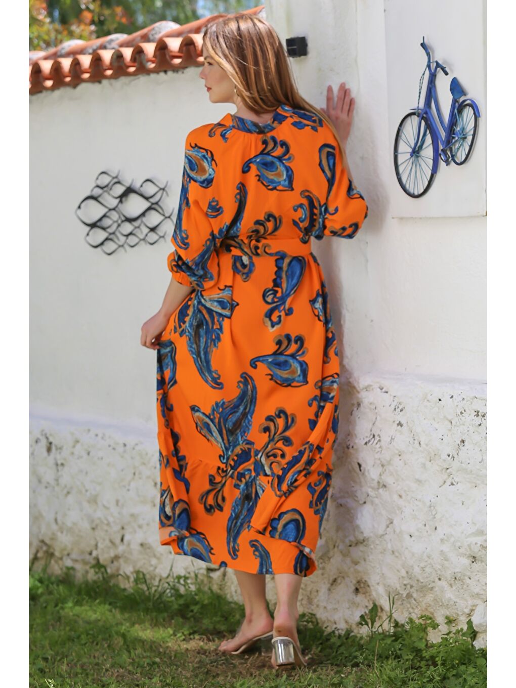 Turuncu Hakim Yaka Balon Kol Şal Desenli Düğmeli Eteği Fırfırlı Kemerli Casual Dokuma Elbise 145 65-5