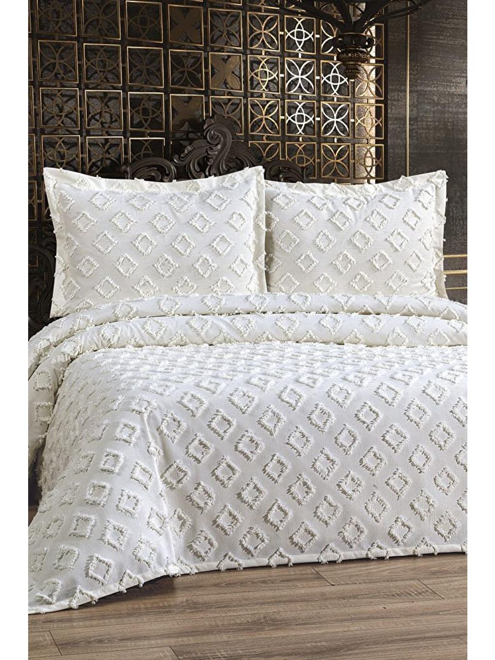 Ekru Karoks 3 Parça Çift Kişilik Pike Takımı Krem