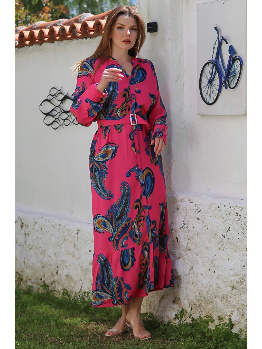 Fuşya Hakim Yaka Balon Kol Şal Desenli Düğmeli Eteği Fırfırlı Kemerli Casual Dokuma Elbise 145 65-1