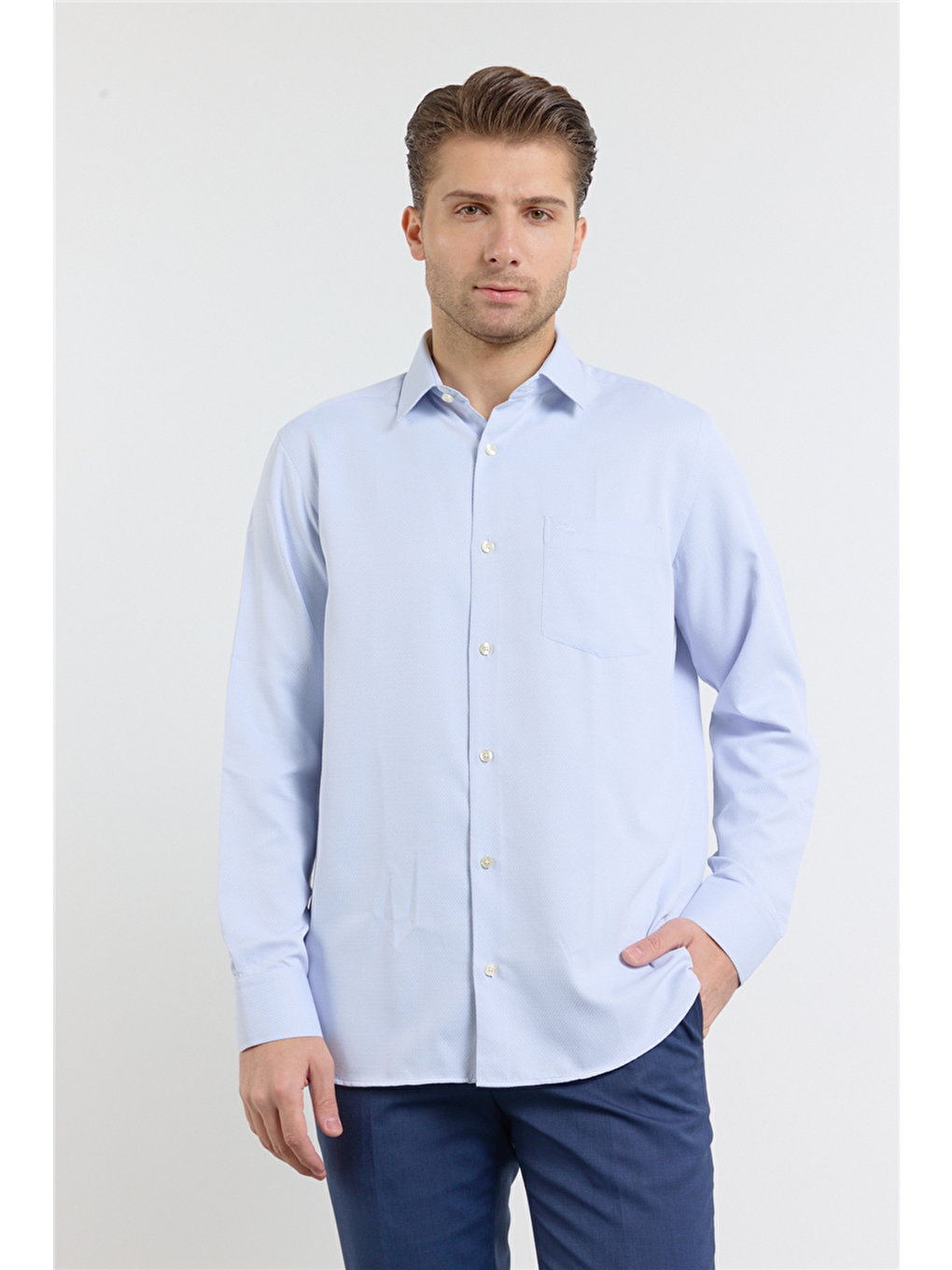 Lacivert Kendinden Desenli Sert Yaka Uzun Kol Cepli Comfort Fit Pamuklu Gömlek 1004255219