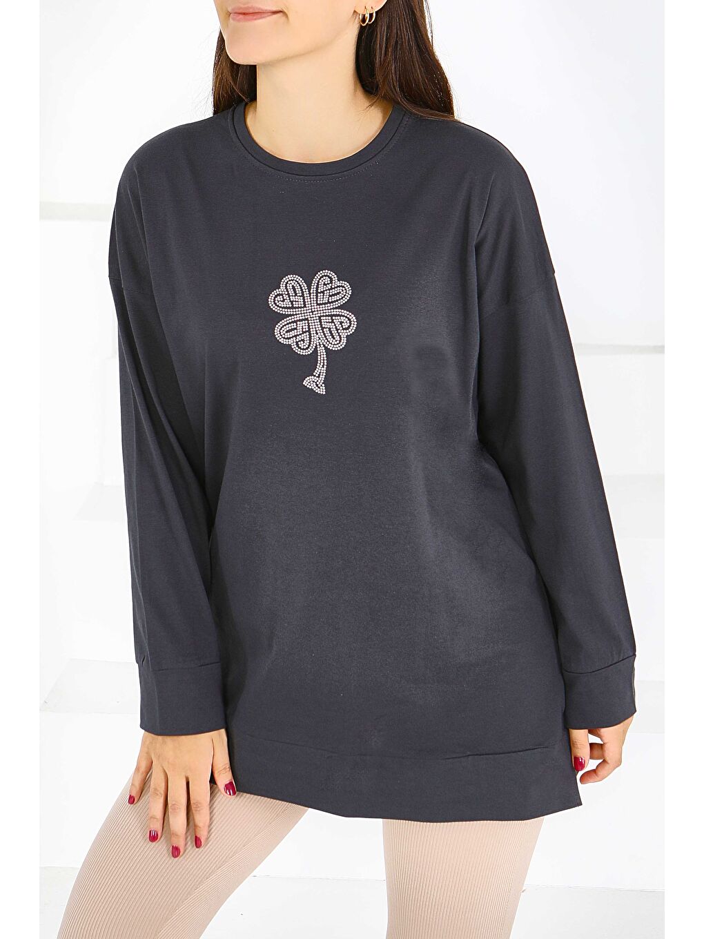 Gri Uzun Kollu Taşlı Süprem Tunik Füme - 27582