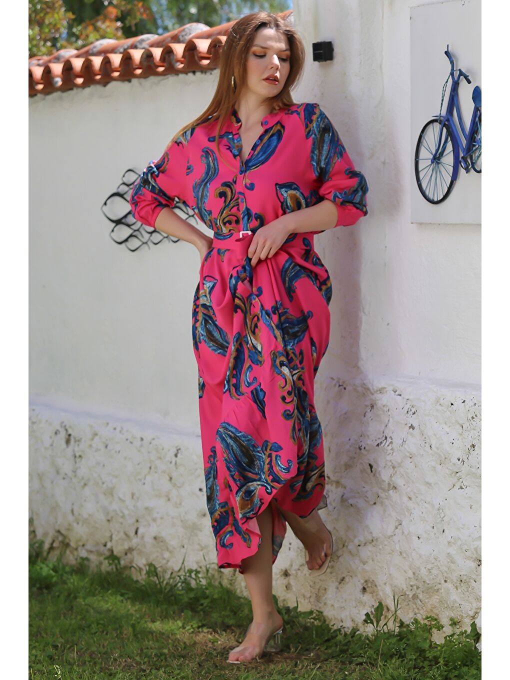 Fuşya Hakim Yaka Balon Kol Şal Desenli Düğmeli Eteği Fırfırlı Kemerli Casual Dokuma Elbise 145 65-3