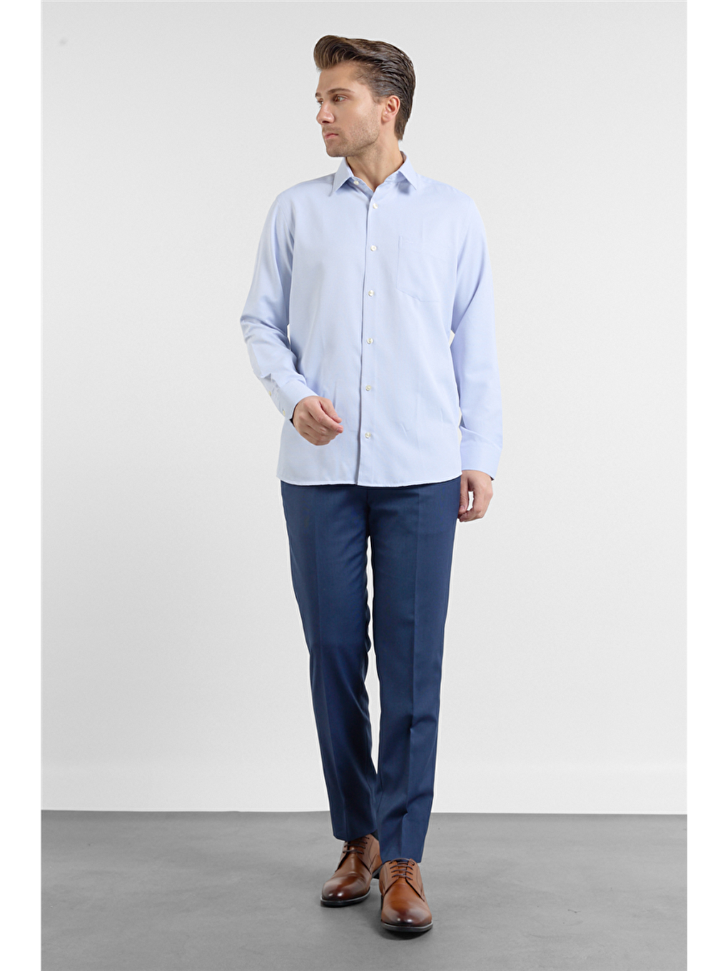 Lacivert Kendinden Desenli Sert Yaka Uzun Kol Cepli Comfort Fit Pamuklu Gömlek 1004255219-1