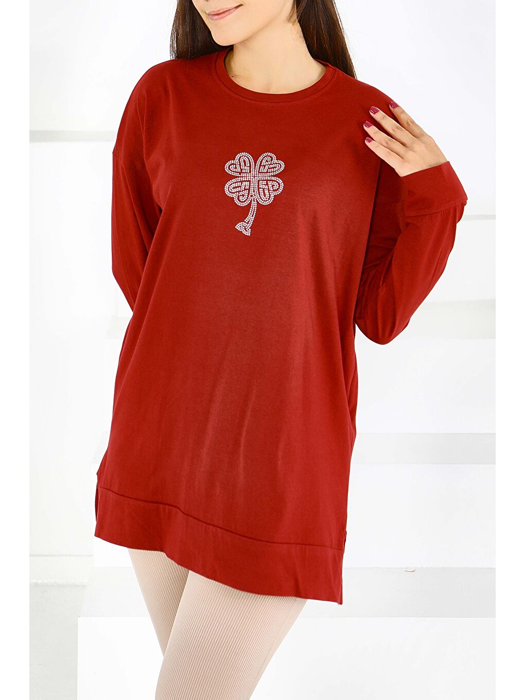 Uzun Kollu Taşlı Süprem Tunik Bordo - 27582