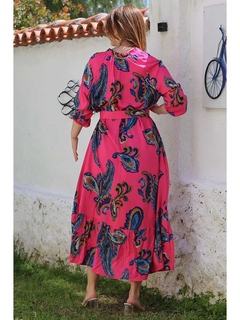 Fuşya Hakim Yaka Balon Kol Şal Desenli Düğmeli Eteği Fırfırlı Kemerli Casual Dokuma Elbise 145 65-7