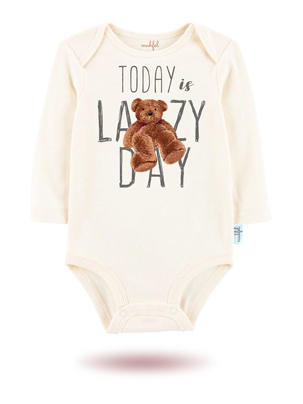 MAHFEL Ekru-Kahverengi 2'Li "TODAY LAZY DAY "Baskılı Uzun Kollu Unisex Bebek Çıtçıtlı Body - 1