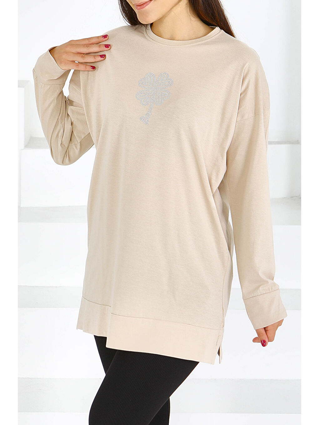 Uzun Kollu Taşlı Süprem Tunik Bej - 27582-1