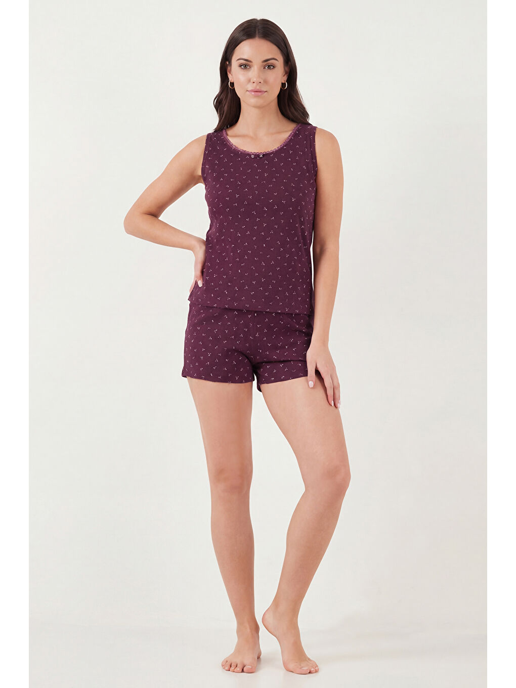 Bordo Pamuklu Yumuşak Dokulu Desenli Şortlu Pijama Takımı 65770754-1