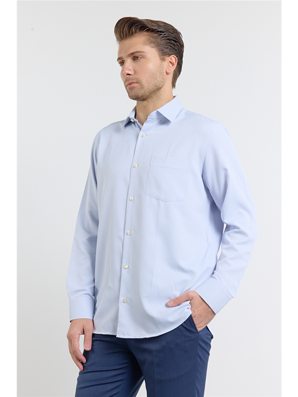 Lacivert Kendinden Desenli Sert Yaka Uzun Kol Cepli Comfort Fit Pamuklu Gömlek 1004255219-2