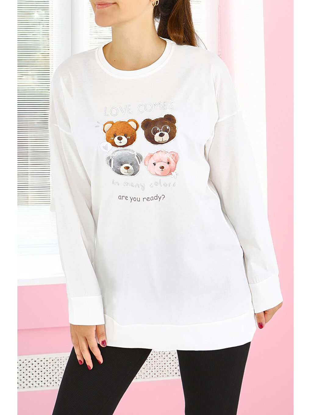 Uzun Kollu Baskılı Süprem Tunik Beyaz - 27590