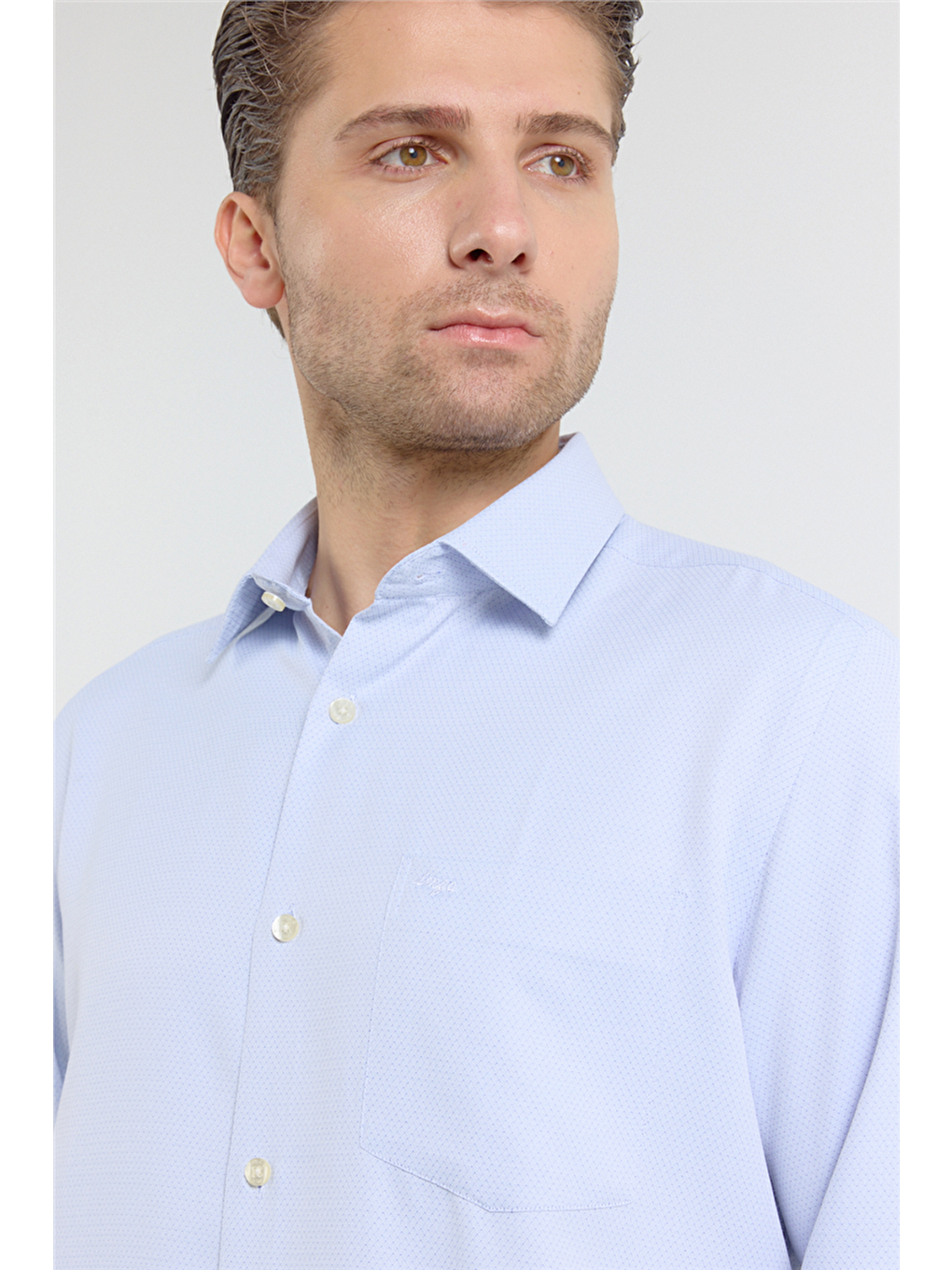 Lacivert Kendinden Desenli Sert Yaka Uzun Kol Cepli Comfort Fit Pamuklu Gömlek 1004255219-3