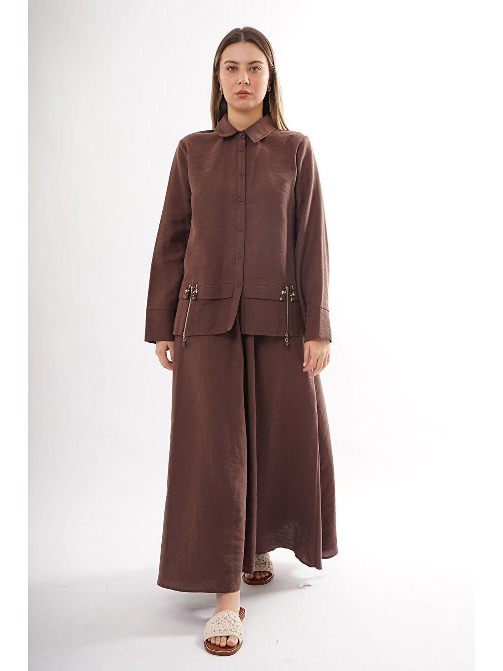 Önü Fermuarlı Aller Detay Keten Kumaş Etekli Takım 905 Kahverengi-1