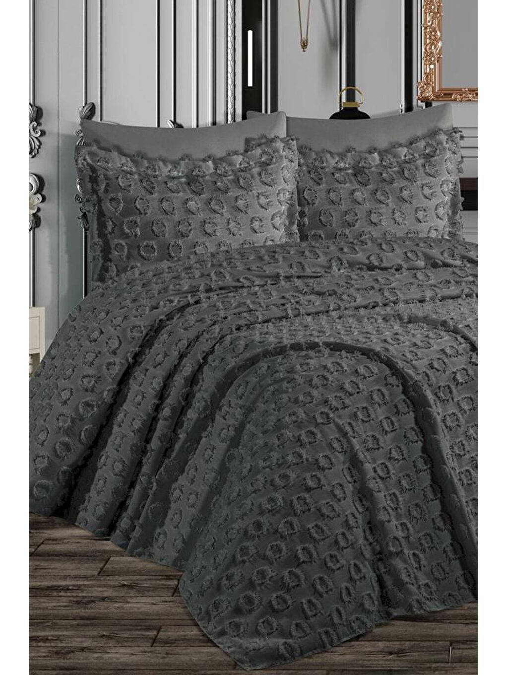 Malina Ponpon 3 Parça Çift Kişilik Pike Takımı Antrasit