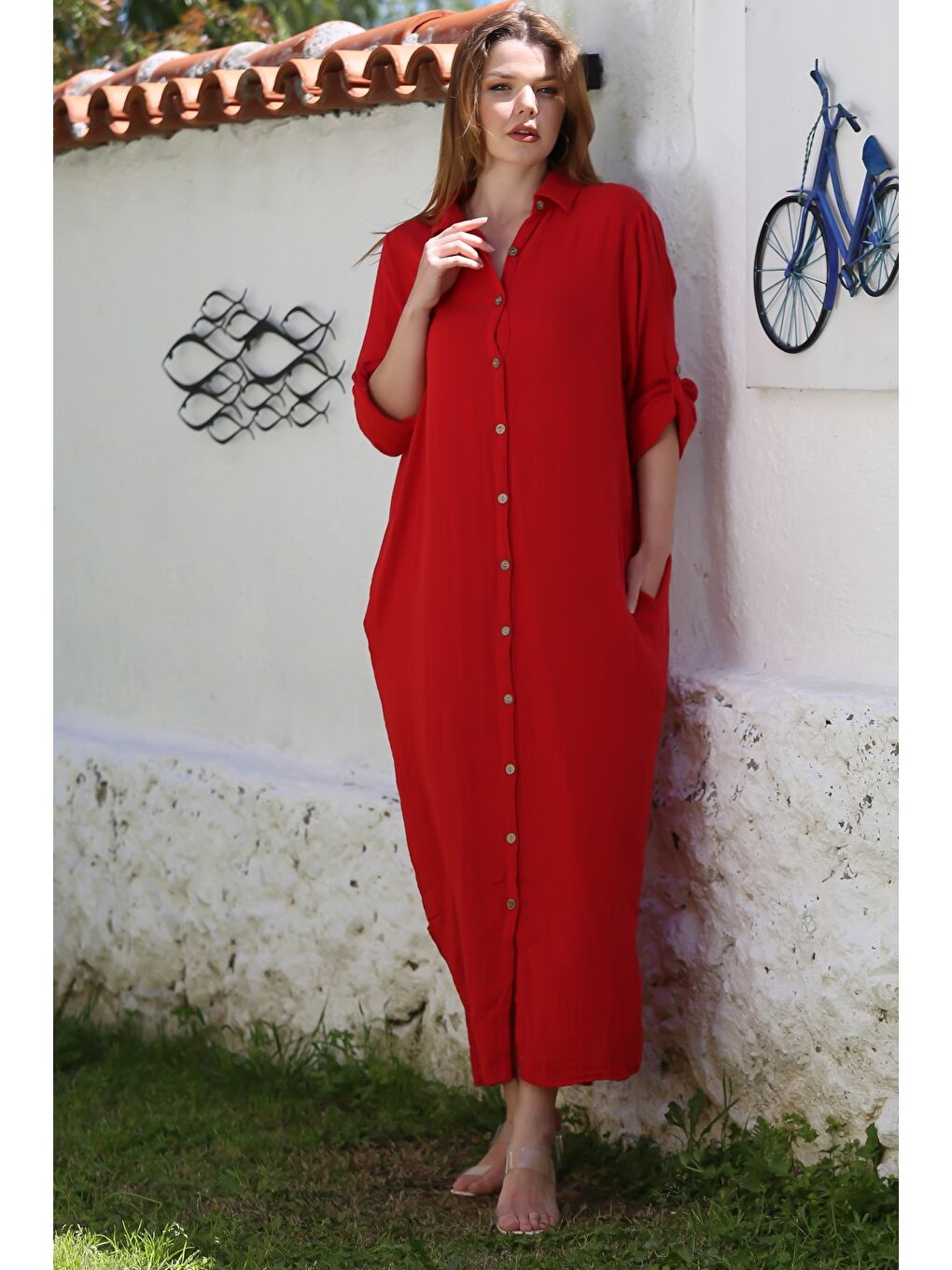 Kırmızı Gömlek Yaka Düğmeli Uzun Kollu Gizli Cepli Casual Müslin Uzun Oversize Dokuma Elbise 135 68