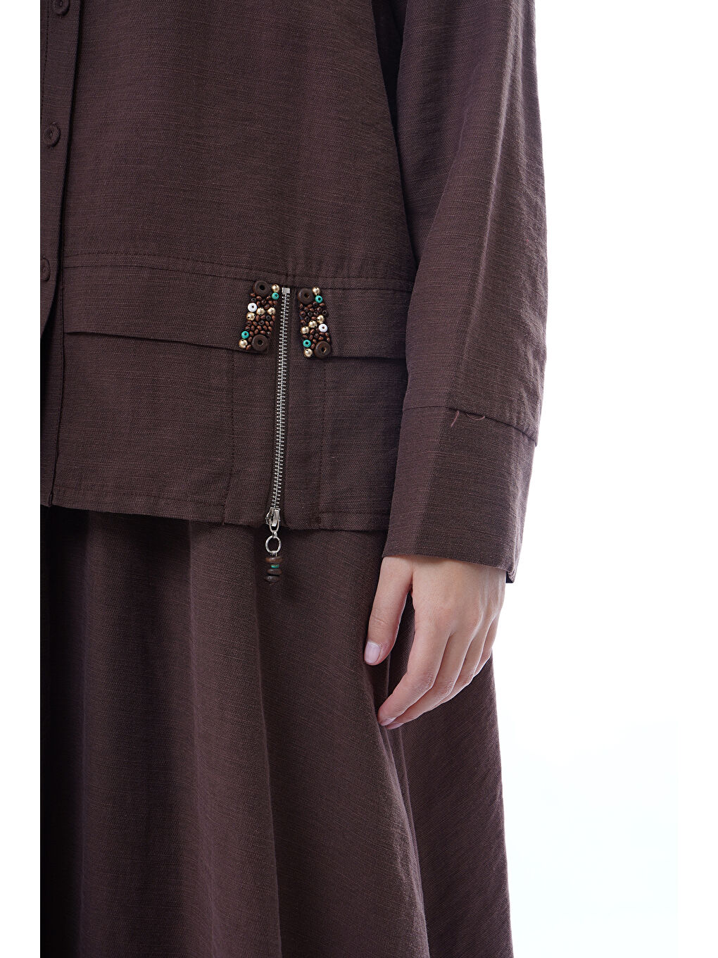 Önü Fermuarlı Aller Detay Keten Kumaş Etekli Takım 905 Kahverengi-2