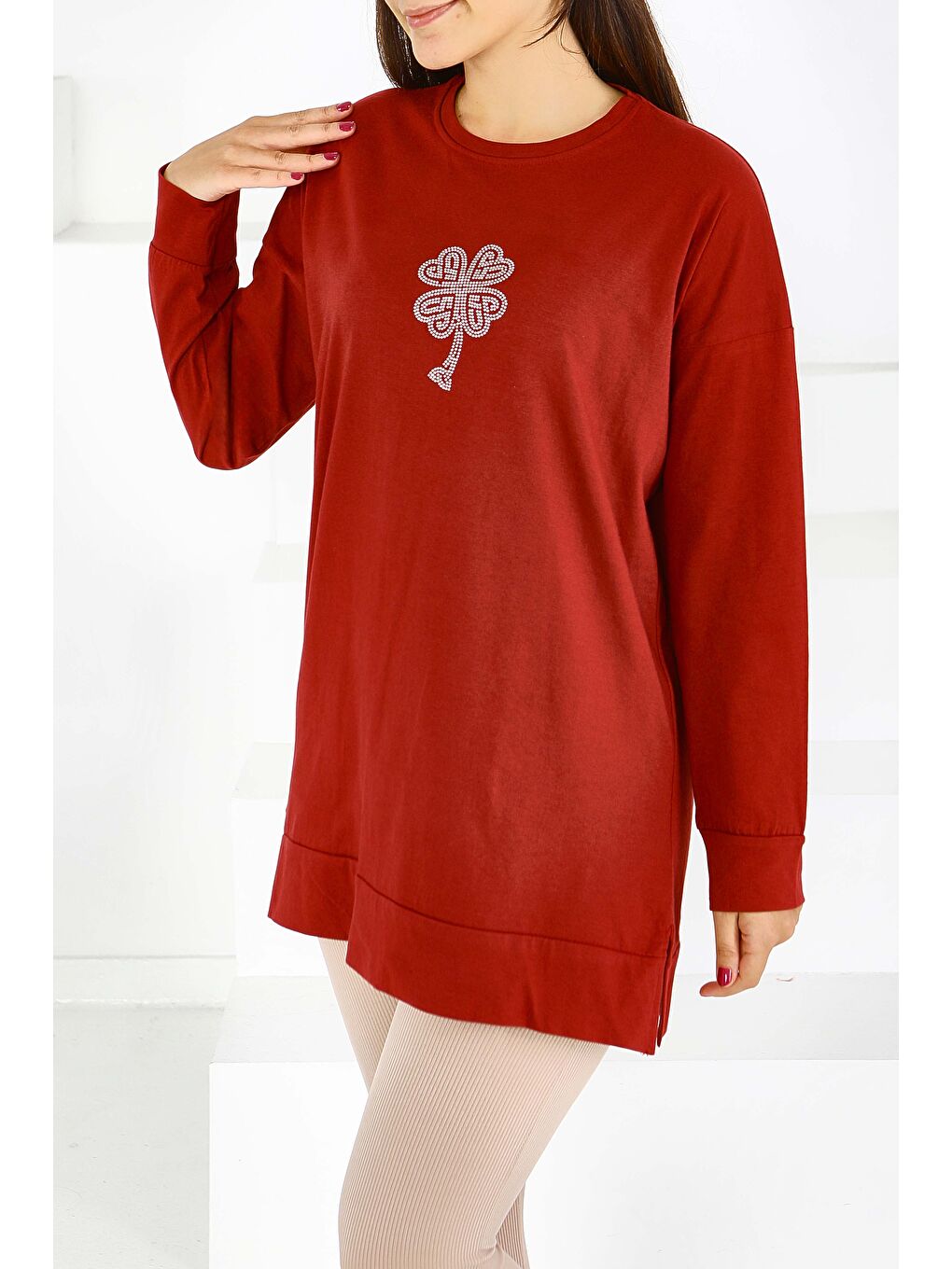 Uzun Kollu Taşlı Süprem Tunik Bordo - 27582-1