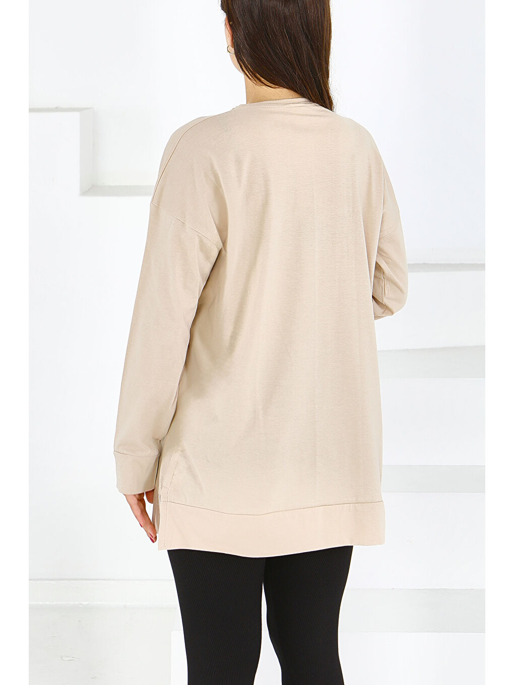 Uzun Kollu Taşlı Süprem Tunik Bej - 27582-2