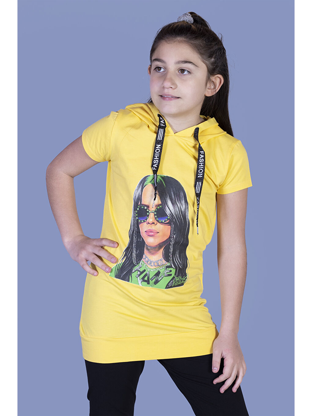 Sarı Kız Çocuk Billie Eilish Baskılı Kapüşonlu Tişört