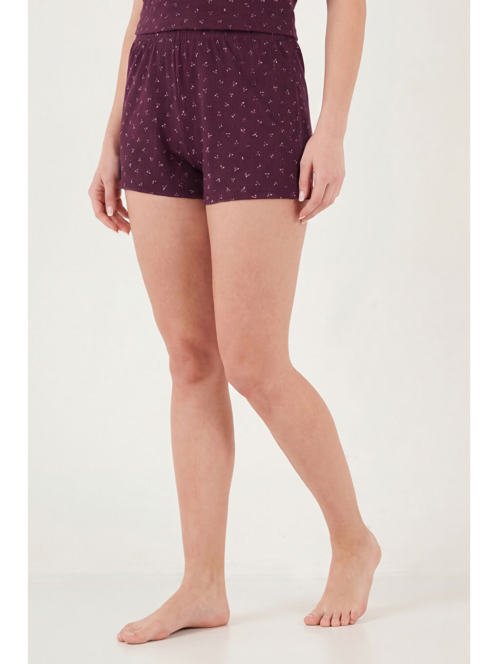 Bordo Pamuklu Yumuşak Dokulu Desenli Şortlu Pijama Takımı 65770754-3
