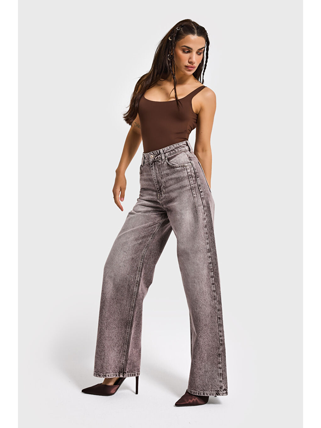 Bej Kadın Taş Jean Rengi Olea 4s6-173 Wide Leg Fit %100 Pamuk Denim Jean-1