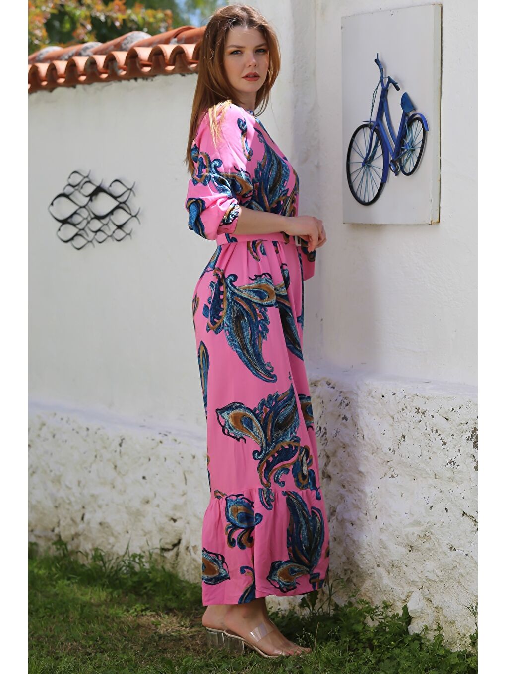 Pembe Hakim Yaka Balon Kol Şal Desenli Düğmeli Eteği Fırfırlı Kemerli Casual Dokuma Elbise 145 65-4