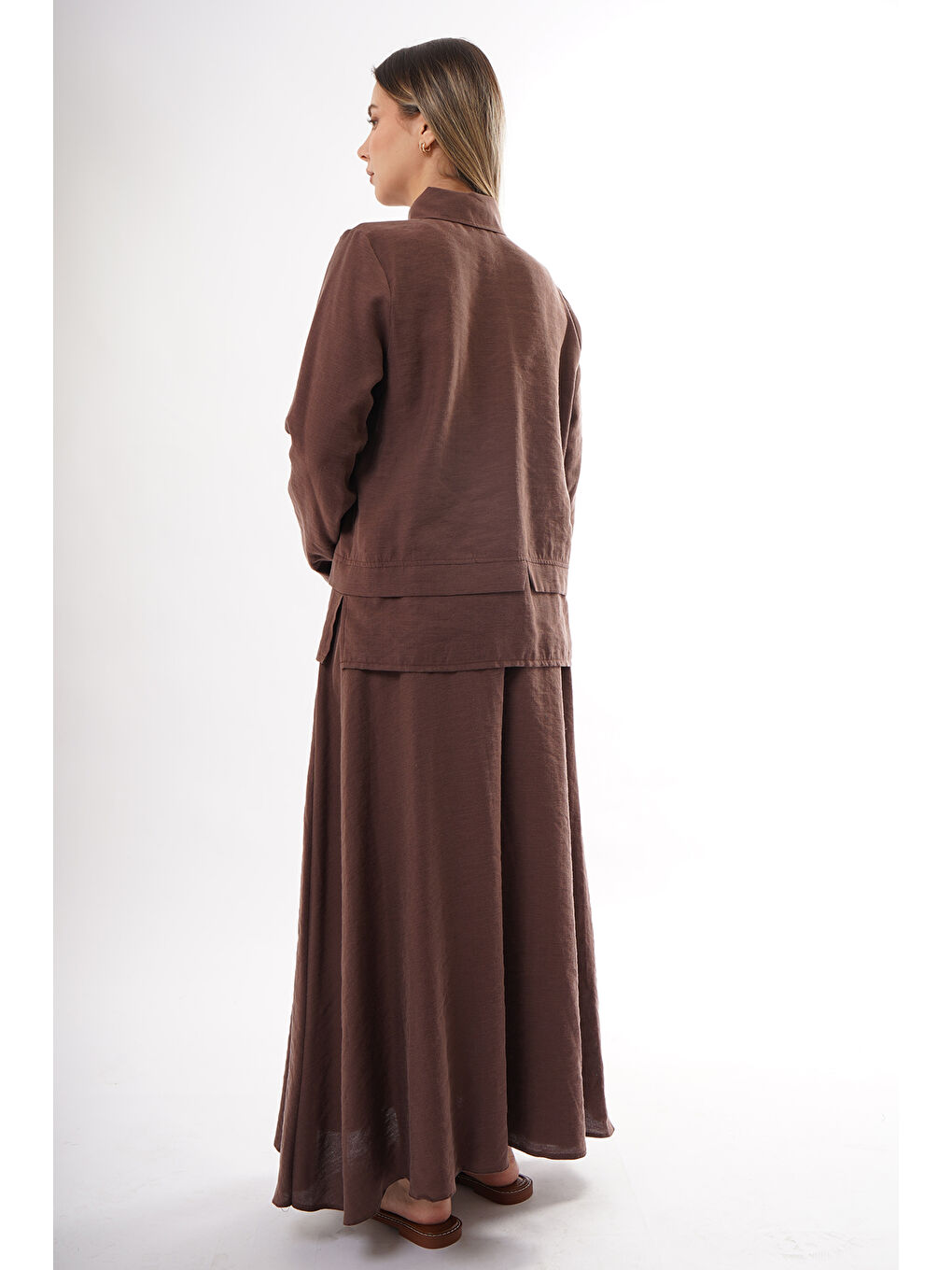 Önü Fermuarlı Aller Detay Keten Kumaş Etekli Takım 905 Kahverengi-3