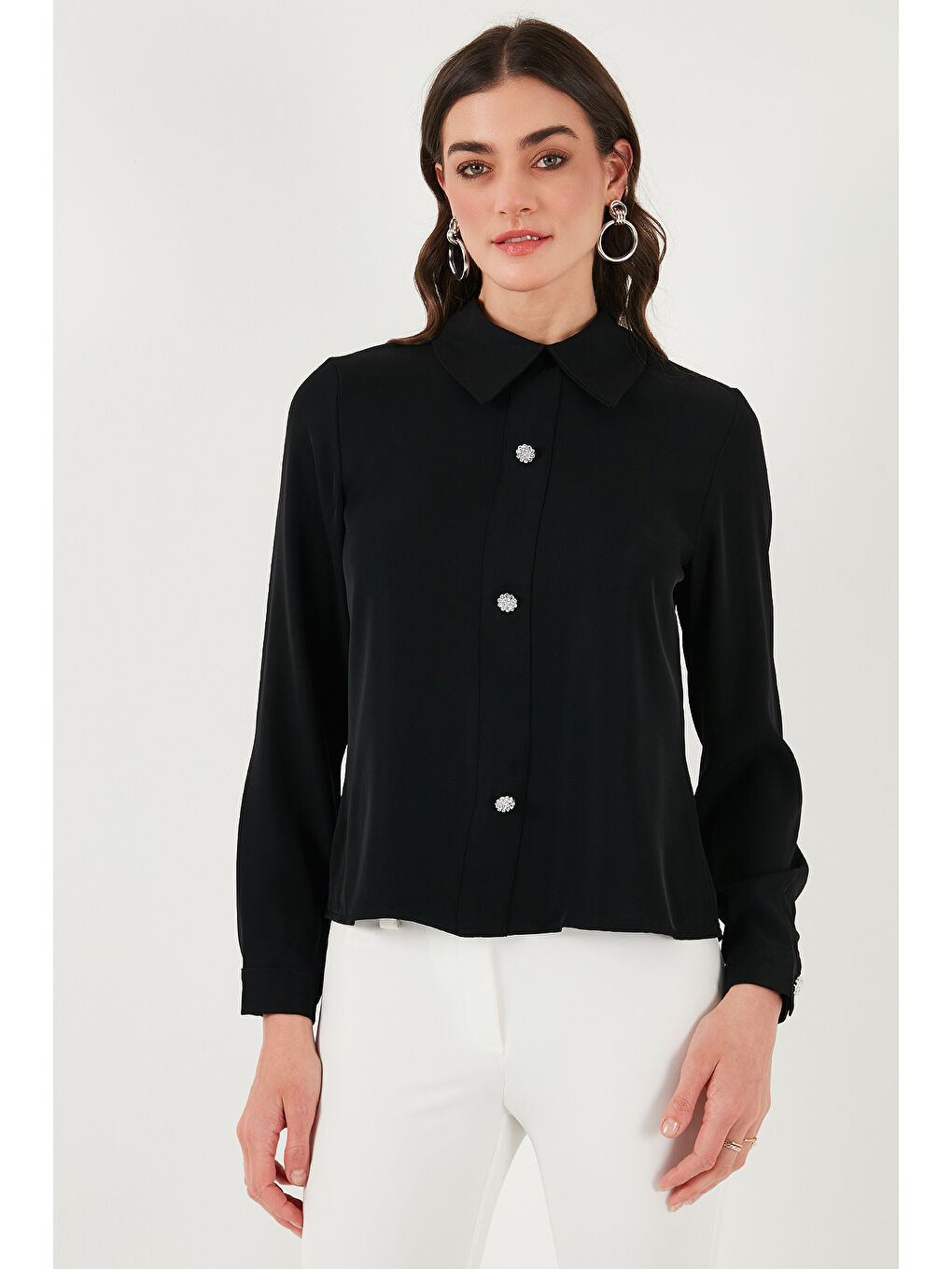 Siyah Taşlı Regular Fit Gömlek Yaka Fermuarlı Bluz 611Bz0493-1