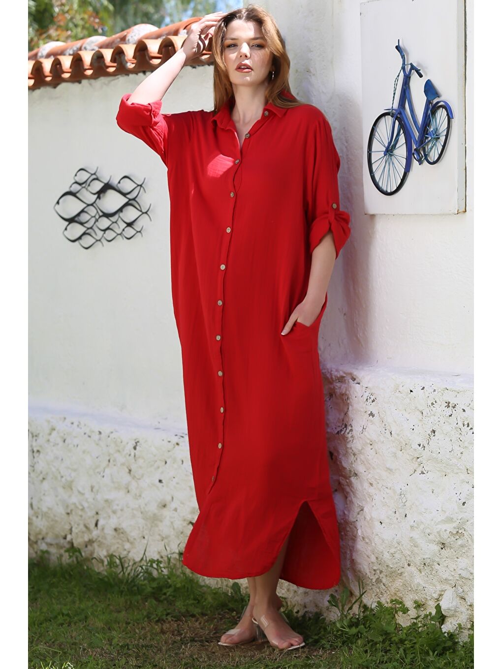 Kırmızı Gömlek Yaka Düğmeli Uzun Kollu Gizli Cepli Casual Müslin Uzun Oversize Dokuma Elbise 135 68-1