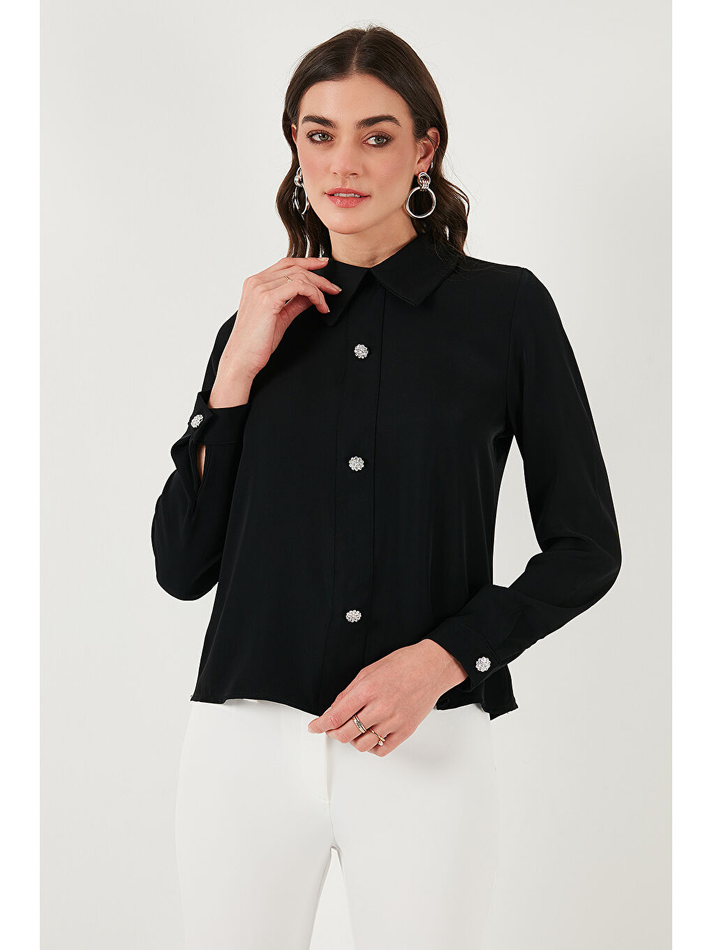 Siyah Taşlı Regular Fit Gömlek Yaka Fermuarlı Bluz 611Bz0493-4