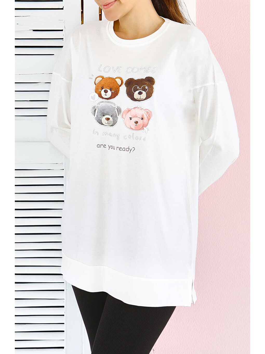 Uzun Kollu Baskılı Süprem Tunik Beyaz - 27590-1