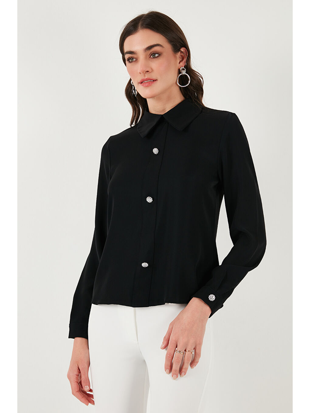 Siyah Taşlı Regular Fit Gömlek Yaka Fermuarlı Bluz 611Bz0493-5