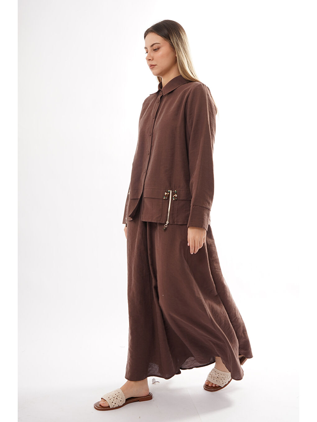 Önü Fermuarlı Aller Detay Keten Kumaş Etekli Takım 905 Kahverengi-4