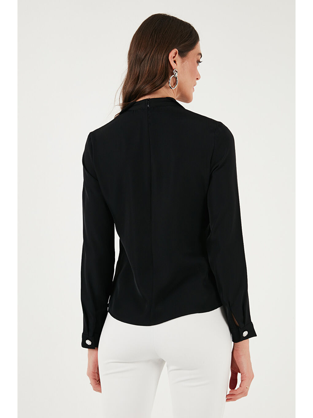 Siyah Taşlı Regular Fit Gömlek Yaka Fermuarlı Bluz 611Bz0493-6