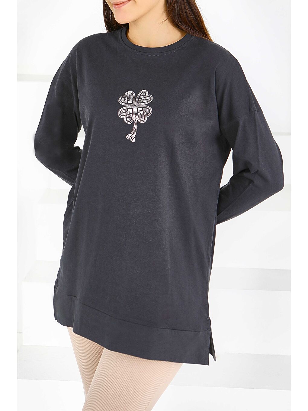 Gri Uzun Kollu Taşlı Süprem Tunik Füme - 27582-2