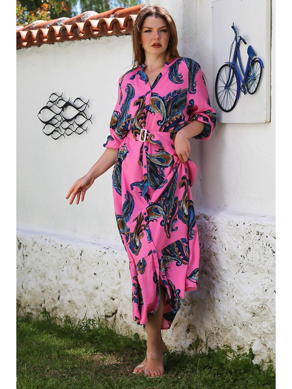 Pembe Hakim Yaka Balon Kol Şal Desenli Düğmeli Eteği Fırfırlı Kemerli Casual Dokuma Elbise 145 65-5