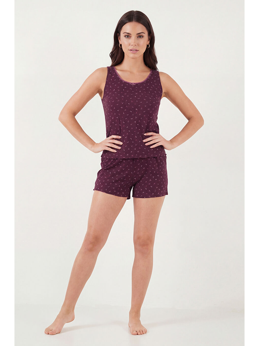Bordo Pamuklu Yumuşak Dokulu Desenli Şortlu Pijama Takımı 65770754-5