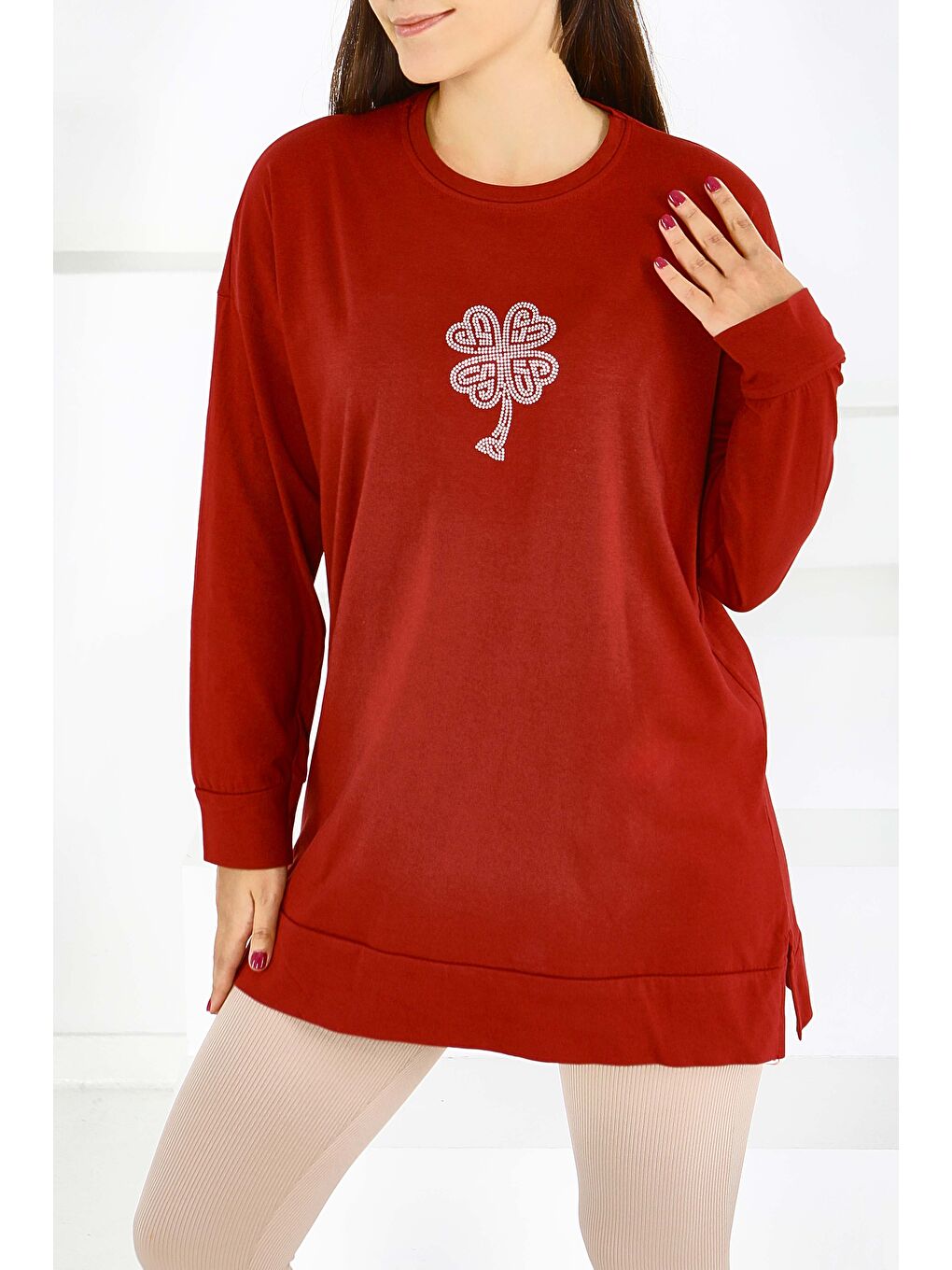 Uzun Kollu Taşlı Süprem Tunik Bordo - 27582-2