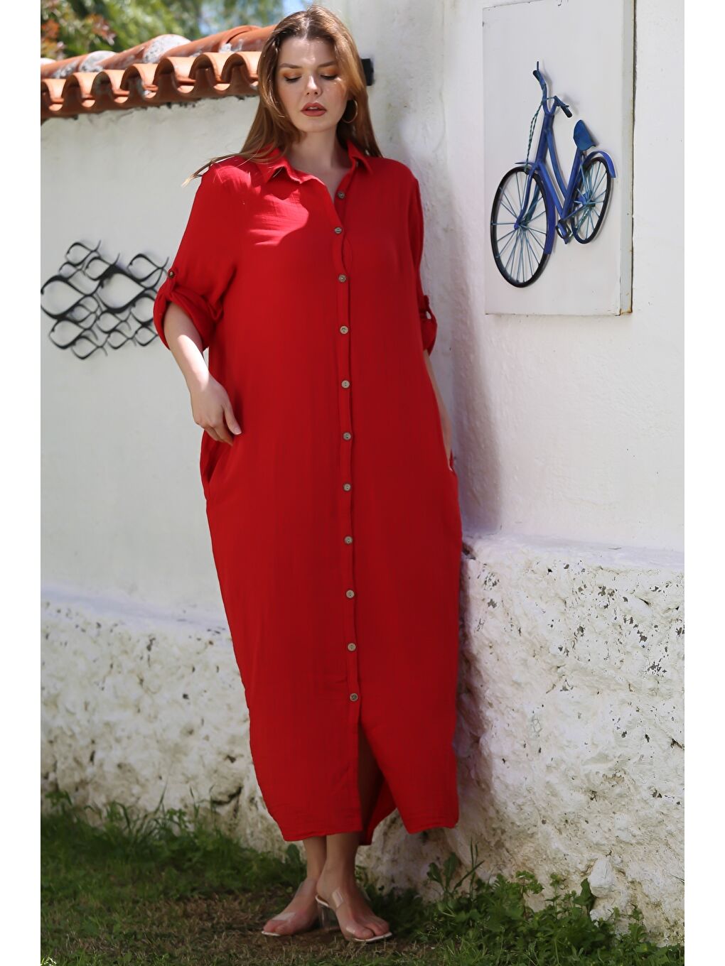 Kırmızı Gömlek Yaka Düğmeli Uzun Kollu Gizli Cepli Casual Müslin Uzun Oversize Dokuma Elbise 135 68-2
