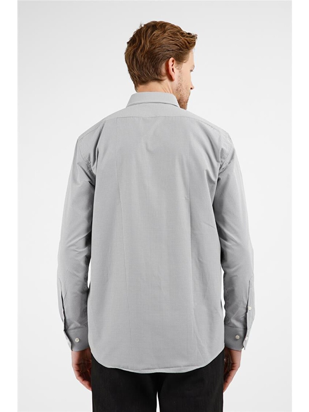Haki - Beyaz Kareli Desen Sert Yaka Uzun Kol Cepli Comfort Fit Pamuklu Gömlek 1004255207-4
