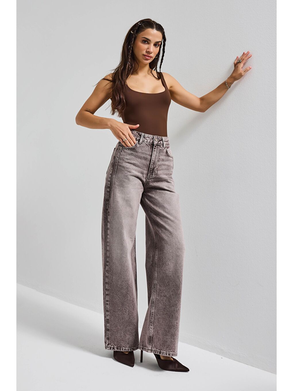 Bej Kadın Taş Jean Rengi Olea 4s6-173 Wide Leg Fit %100 Pamuk Denim Jean-5
