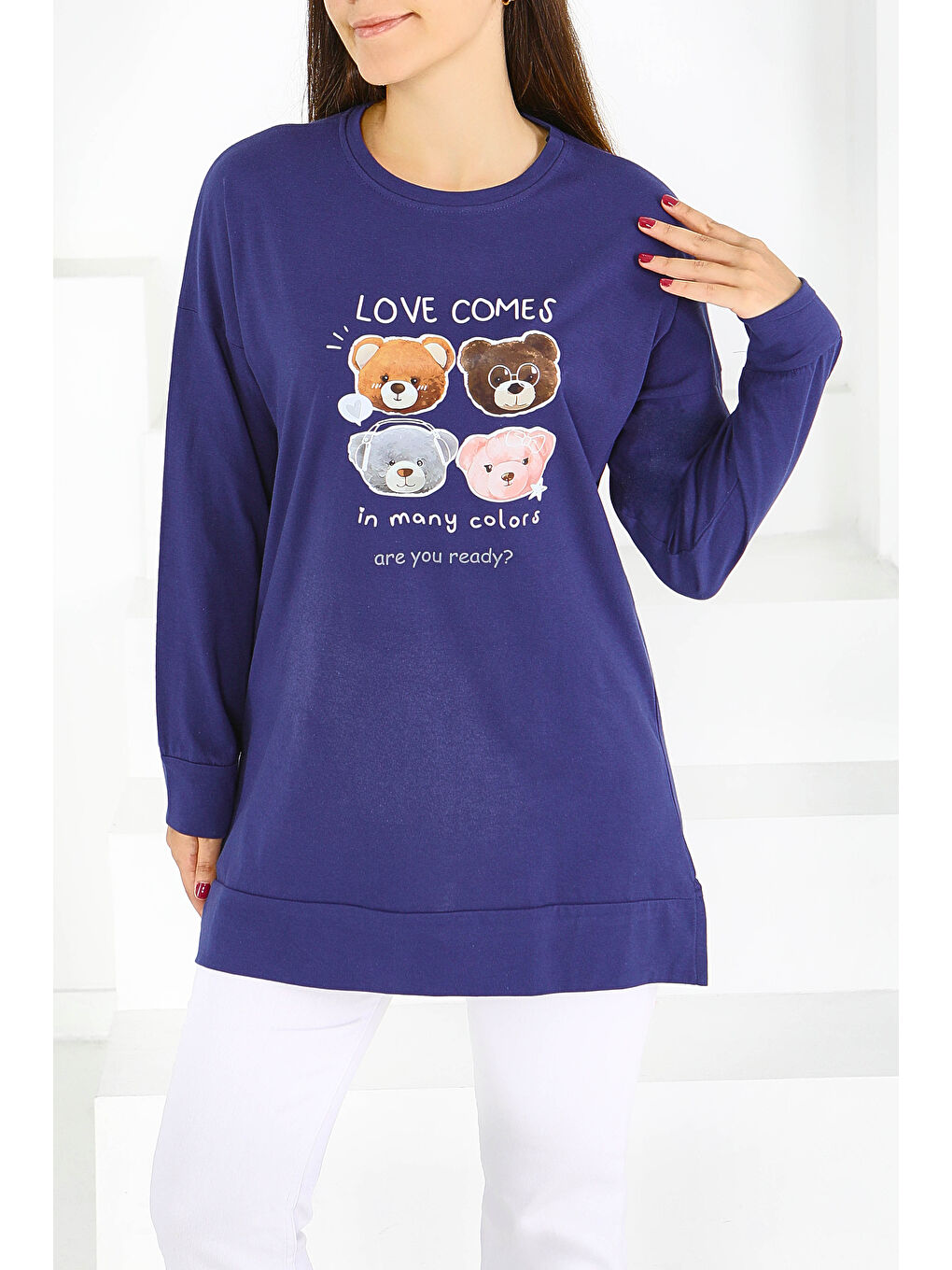 Uzun Kollu Baskılı Süprem Tunik Lacivert - 27590