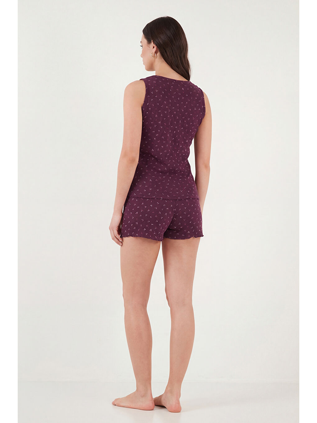 Bordo Pamuklu Yumuşak Dokulu Desenli Şortlu Pijama Takımı 65770754-6