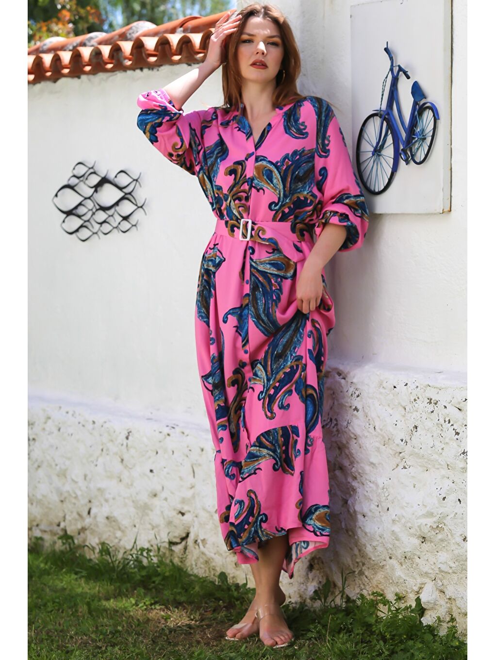 Pembe Hakim Yaka Balon Kol Şal Desenli Düğmeli Eteği Fırfırlı Kemerli Casual Dokuma Elbise 145 65-6