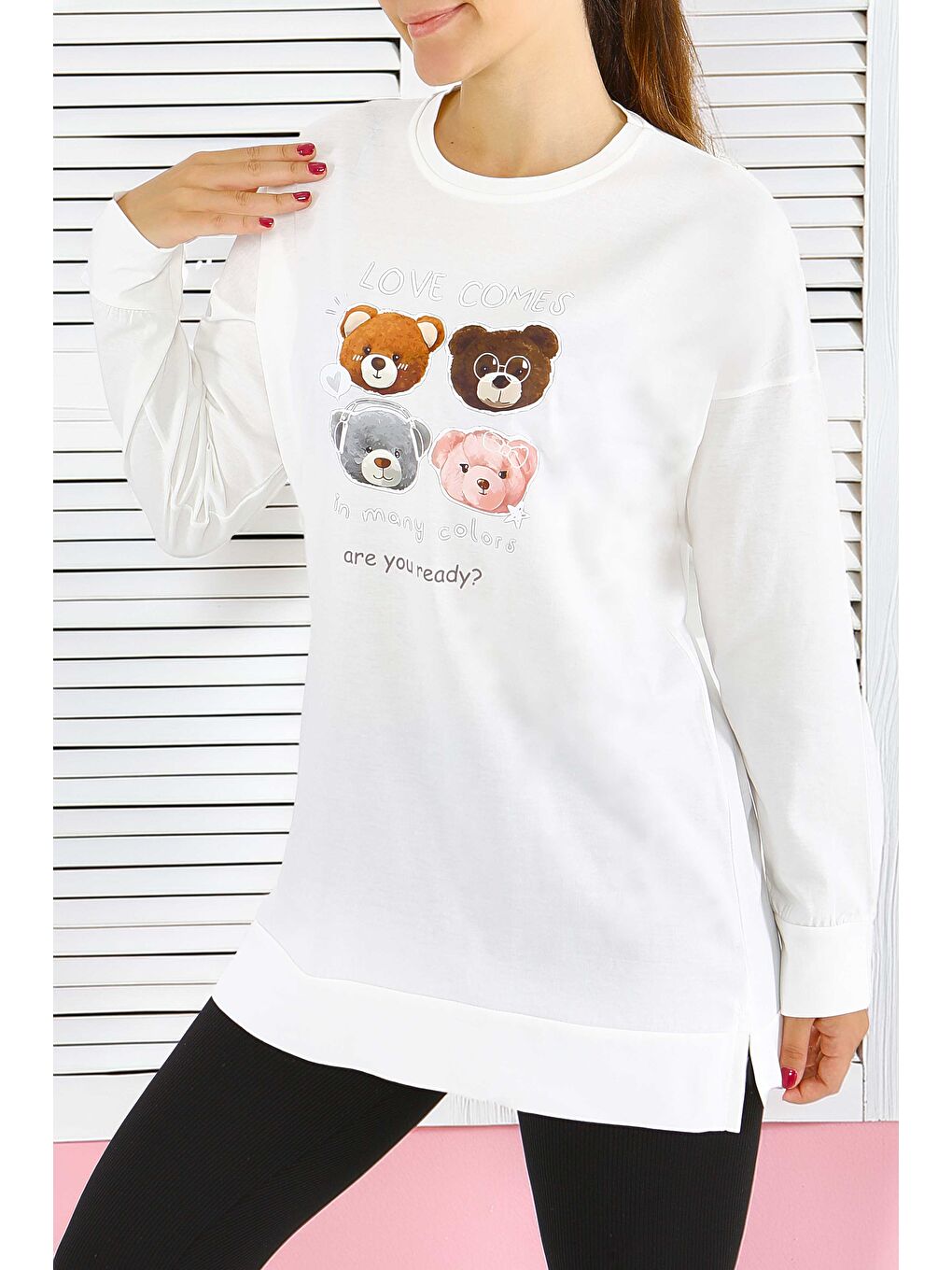 Uzun Kollu Baskılı Süprem Tunik Beyaz - 27590-2