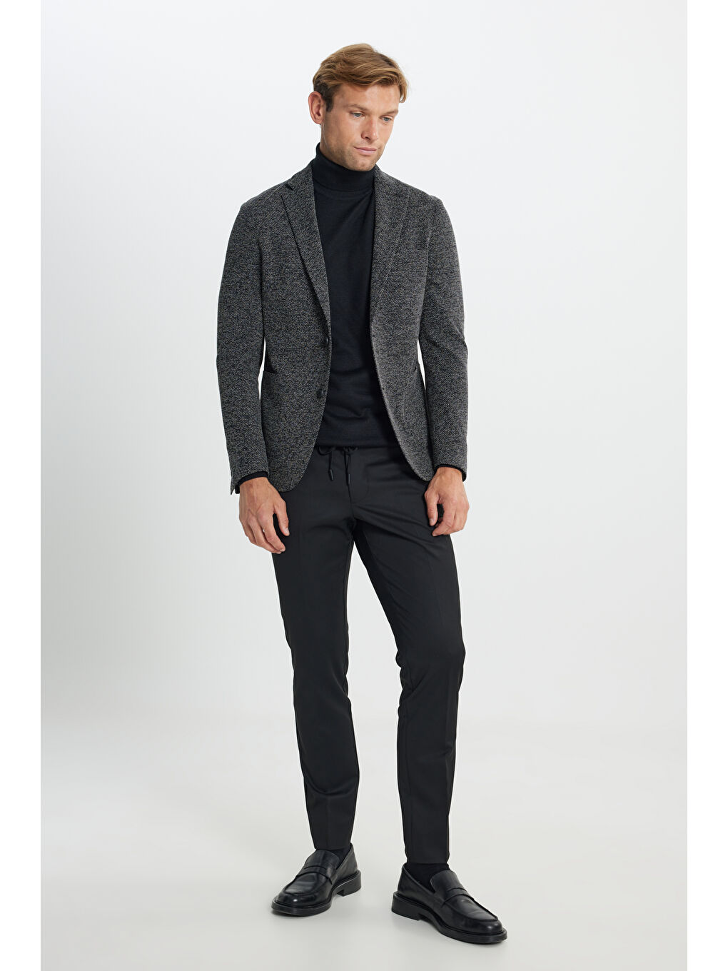 Erkek Siyah Slim Fit Dar Kesim Mono Yaka Armürlü Torba Cepli Ceket-1