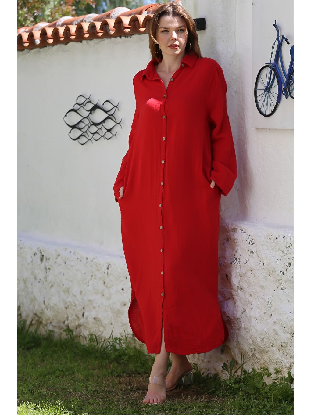 Kırmızı Gömlek Yaka Düğmeli Uzun Kollu Gizli Cepli Casual Müslin Uzun Oversize Dokuma Elbise 135 68-3