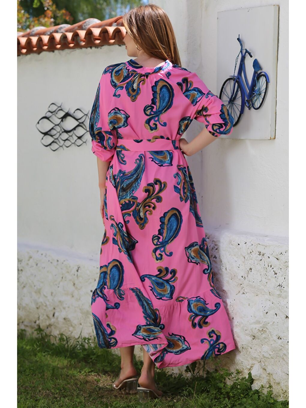 Pembe Hakim Yaka Balon Kol Şal Desenli Düğmeli Eteği Fırfırlı Kemerli Casual Dokuma Elbise 145 65-7