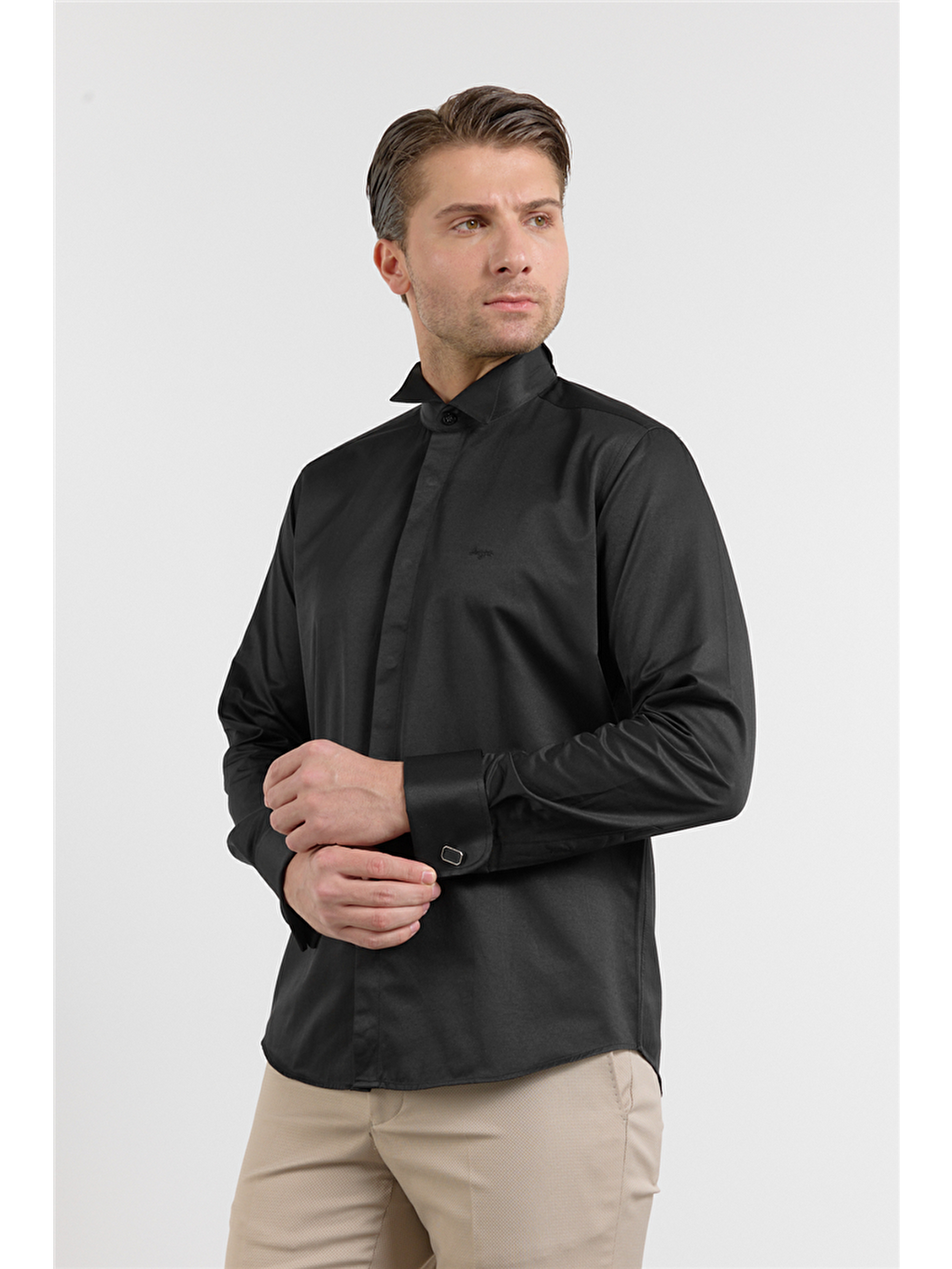 Siyah Ata Yaka Uzun Kol Cepsiz Slim Fit Pamuklu Gömlek 1004255915-1