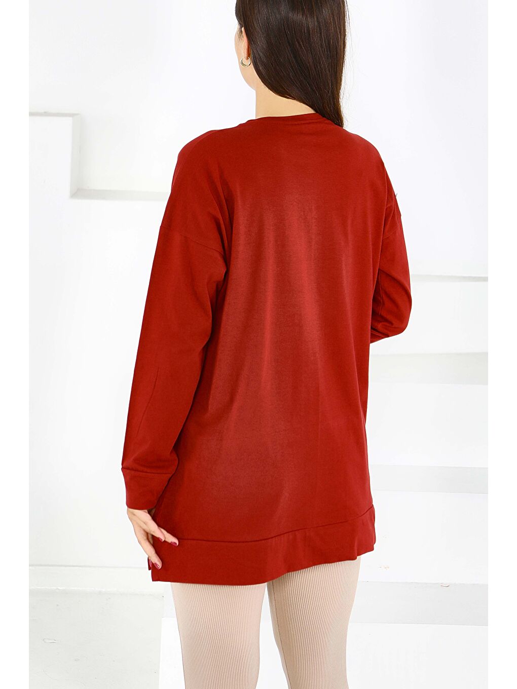 Uzun Kollu Taşlı Süprem Tunik Bordo - 27582-3