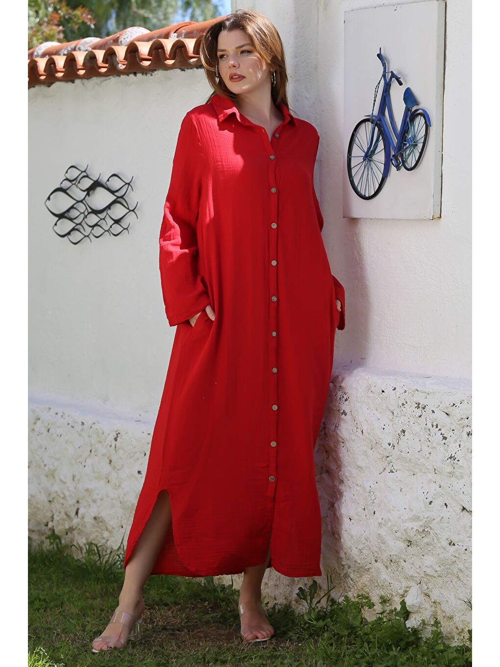 Kırmızı Gömlek Yaka Düğmeli Uzun Kollu Gizli Cepli Casual Müslin Uzun Oversize Dokuma Elbise 135 68-4